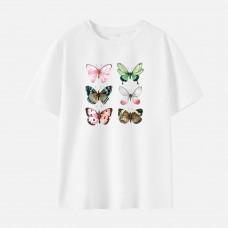 Women Cotton Stain Resistant Butterfly Print Short Sleeve Tee