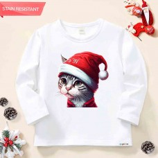 【12M-9Y】Unisex Kid Cotton Stain Resistant Christmas Cat Print Long Sleeve Tee