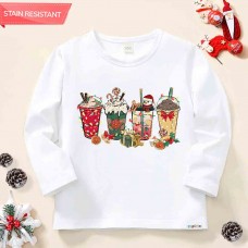 【12M-9Y】Unisex Kid Cotton Stain Resistant Christmas Print Long Sleeve Tee