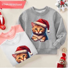 【12M-9Y】Unisex Kids Cotton Stain Resistant Christmas Cat Print Long Sleeve Sweatshirt