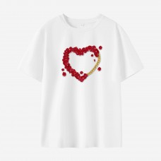 Women Cotton Stain Resistant Heart Print Short Sleeve Tee