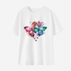 Women Butterfly Print Cotton Stain Resistant Short Sleeve T-shirt